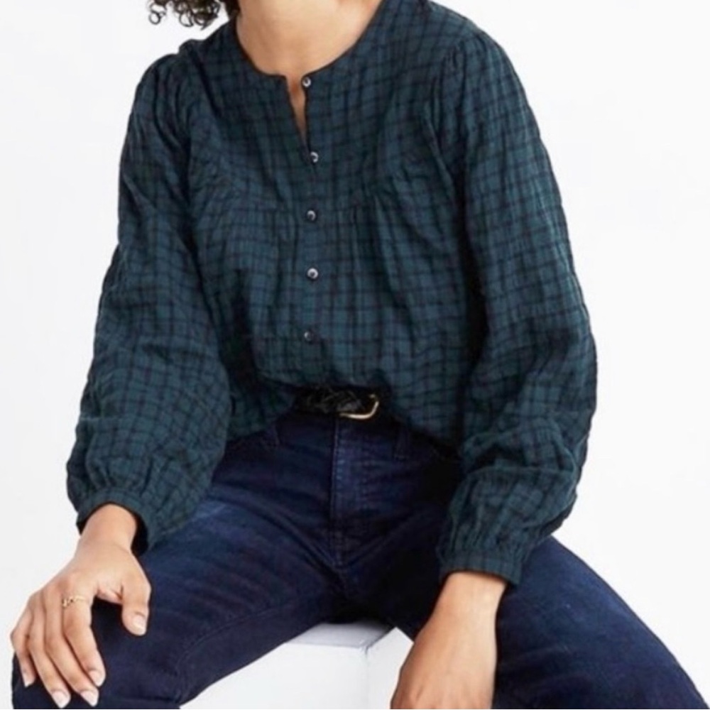 🌿 Madewell Plaid Balloon-Sleeve Peasant Top — Women’s Large - Picture 1 of 4